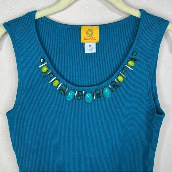 MEDIUM RUBY RD TEAL BLUE BEADED RIBBED KNIT TANK SLEEVELESS STRETCH - Picture 2 of 9